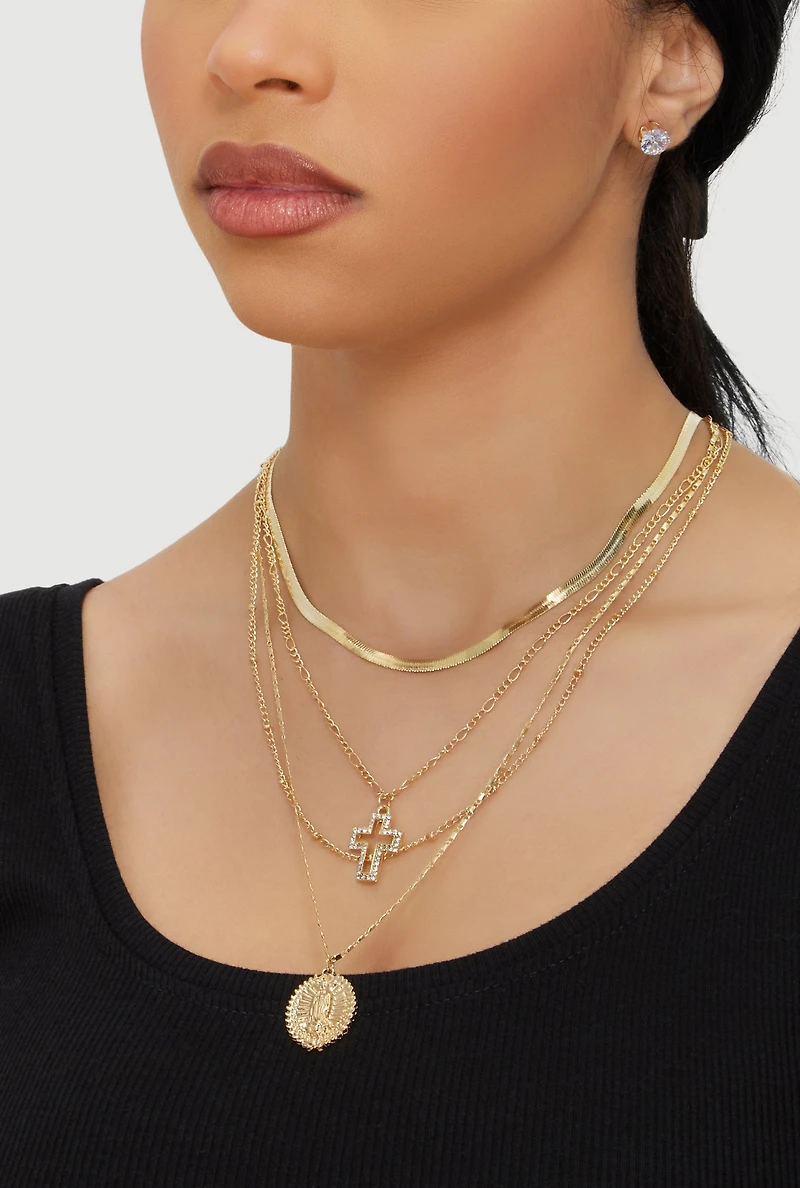Cubic Zirconia Cross Layered Necklace and Stud Earrings Set