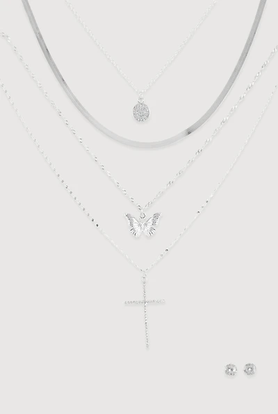 Cubic Zirconia Butterfly Cross Layered Necklace and Stud Earrings