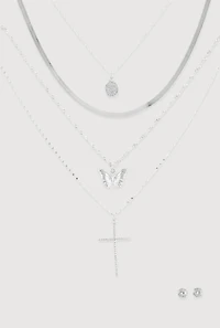 Cubic Zirconia Butterfly Cross Layered Necklace and Stud Earrings