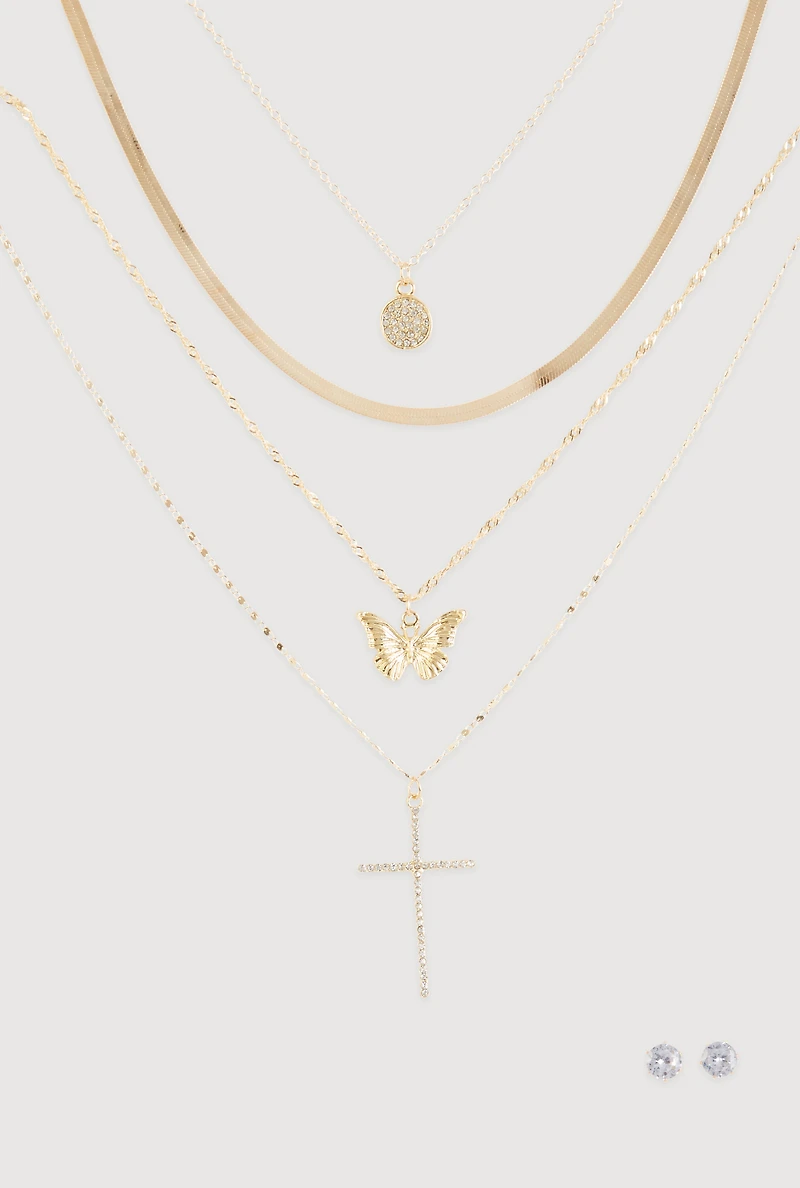 Cubic Zirconia Butterfly Cross Layered Necklace and Stud Earrings