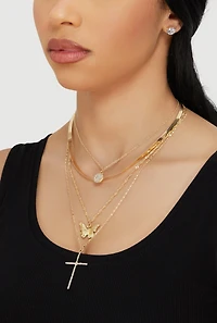 Cubic Zirconia Butterfly Cross Layered Necklace and Stud Earrings
