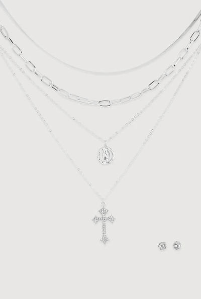 Cubic Zirconia Rosary Layered Chain Necklace and Stud Earrings