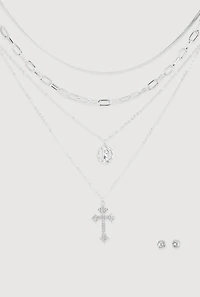 Cubic Zirconia Rosary Layered Chain Necklace and Stud Earrings