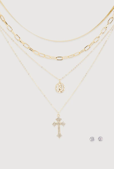 Cubic Zirconia Rosary Layered Chain Necklace and Stud Earrings