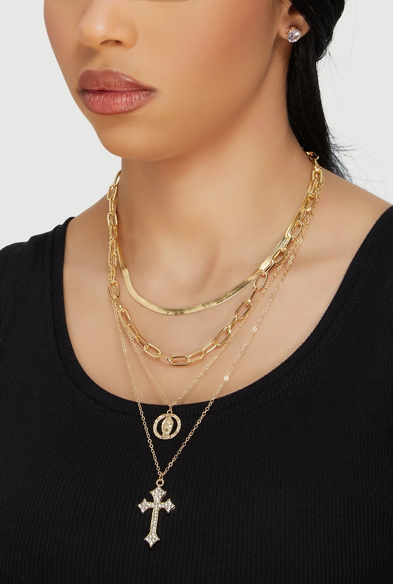 Cubic Zirconia Rosary Layered Chain Necklace and Stud Earrings