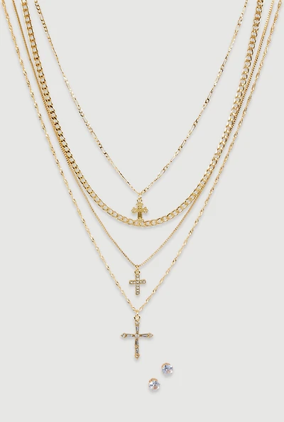 Cross Layered Chain Necklace and Stud Earrings Set