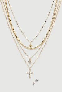 Cross Layered Chain Necklace and Stud Earrings Set