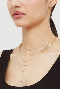 Cross Layered Chain Necklace and Stud Earrings Set