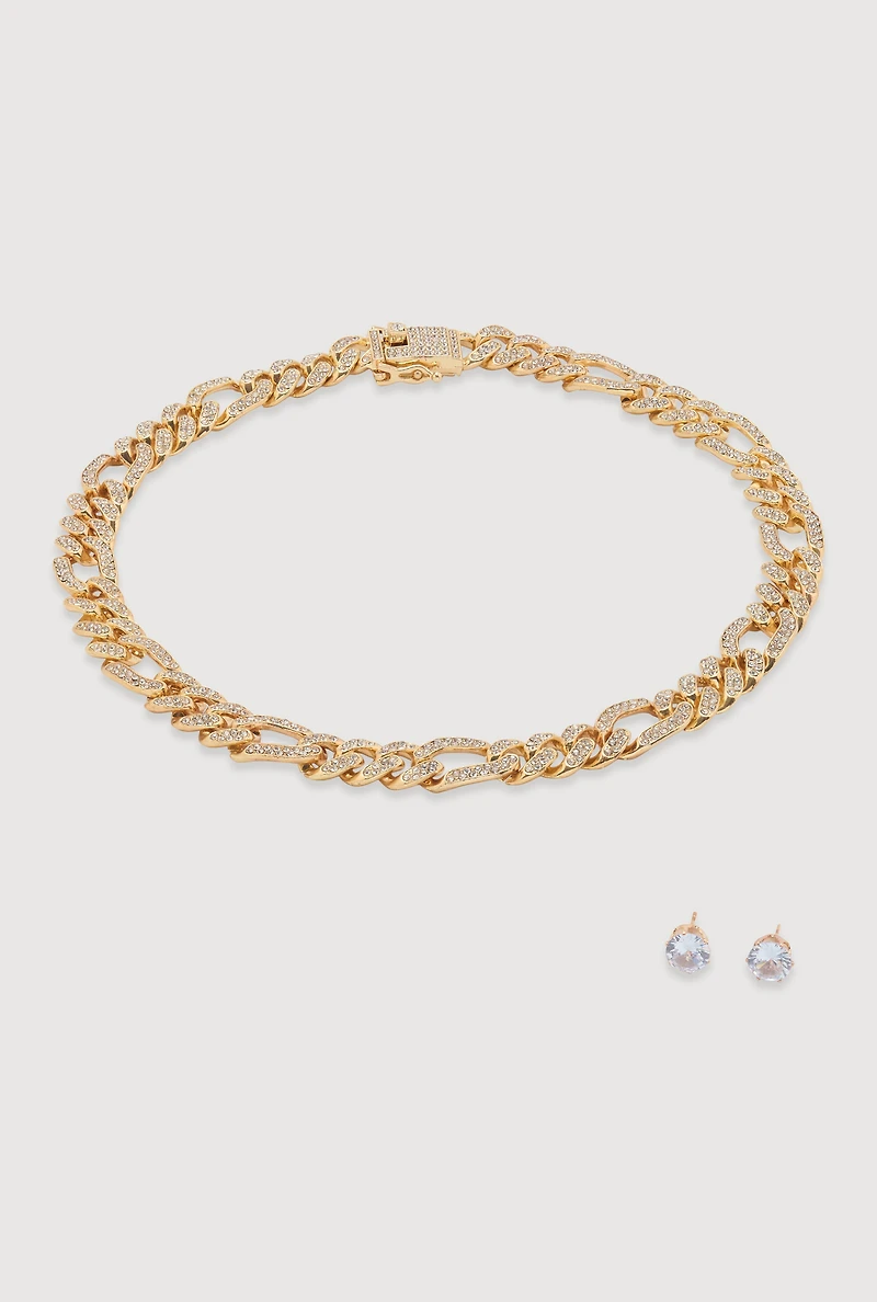 Box Clasp Chain Link Necklace Stud Earrings