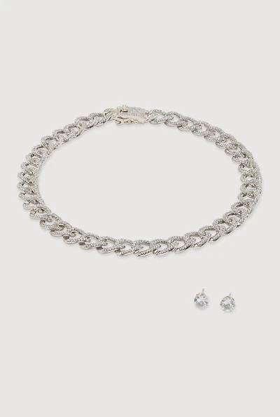 Womens Box Clasp Chain Link Necklace and Stud Earrings, Silver