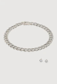 Box Clasp Chain Link Necklace and Stud Earrings