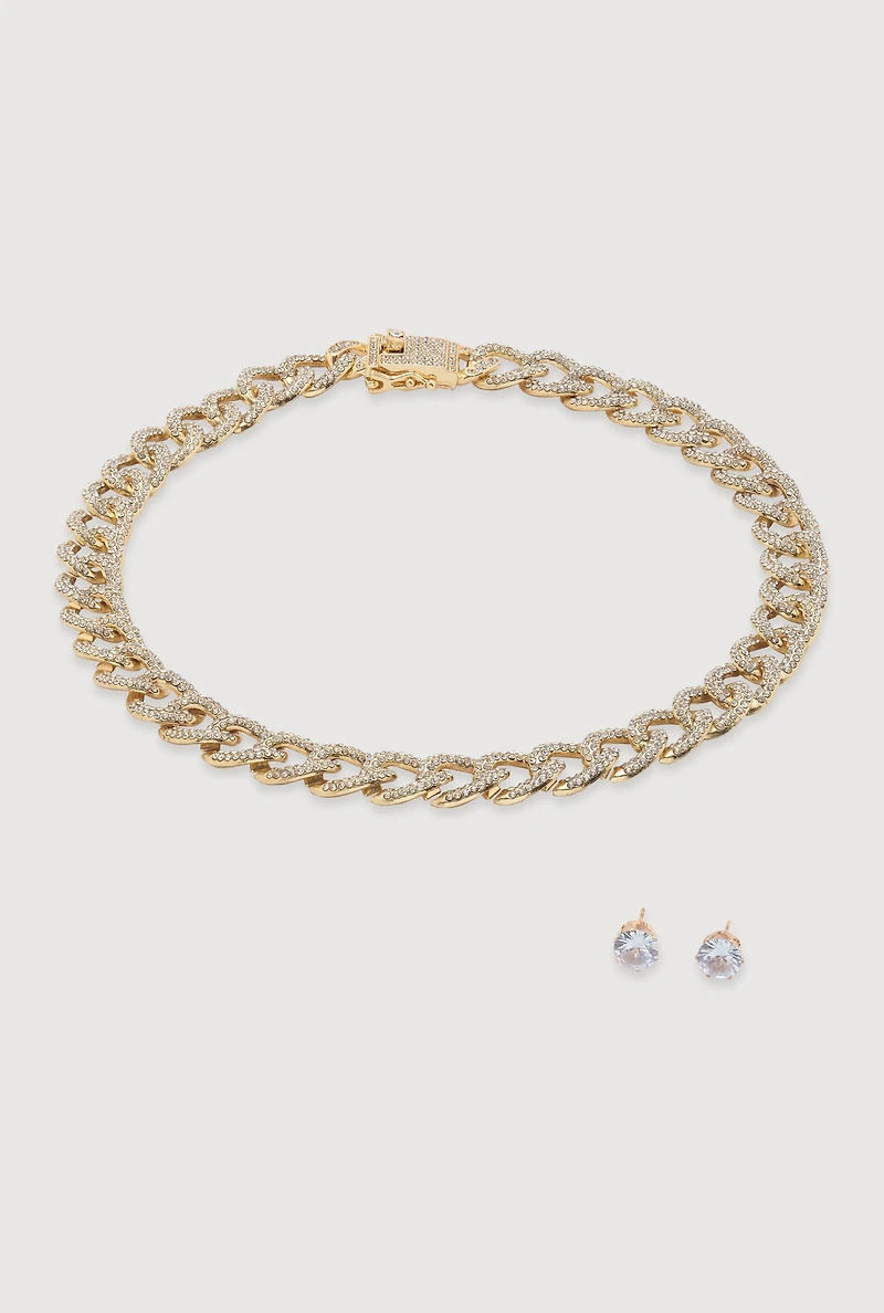 Womens Box Clasp Chain Link Necklace and Stud Earrings, Gold