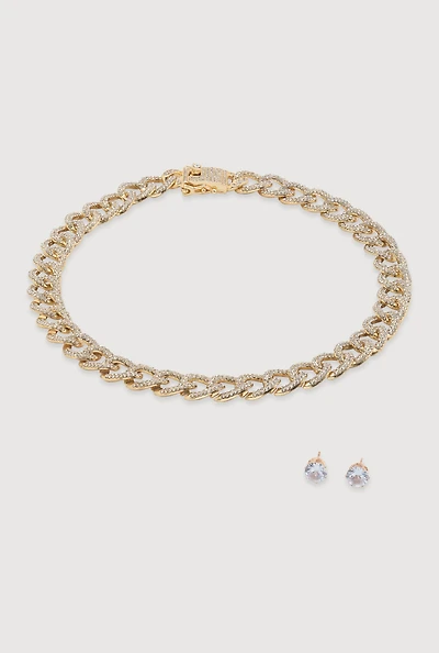 Womens Box Clasp Chain Link Necklace and Stud Earrings, Gold