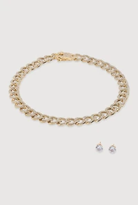 Womens Box Clasp Chain Link Necklace and Stud Earrings, Gold