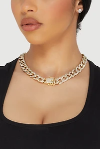 Womens Box Clasp Chain Link Necklace and Stud Earrings, Gold