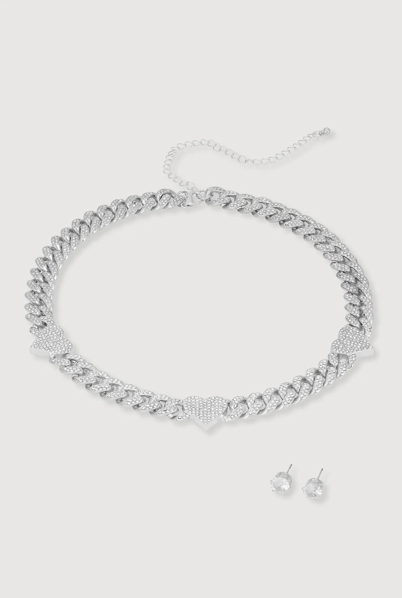 Cubic Zirconia Heart Curb Chain Necklace with Stud Earrings