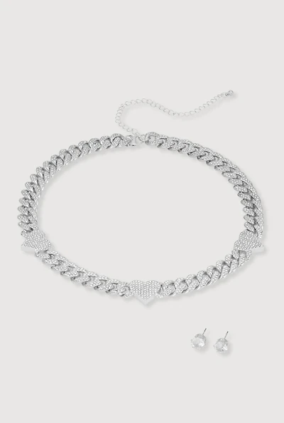 Cubic Zirconia Heart Curb Chain Necklace with Stud Earrings