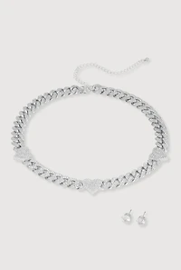 Cubic Zirconia Heart Curb Chain Necklace with Stud Earrings