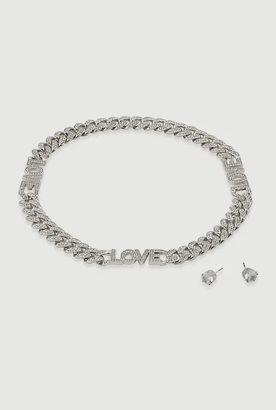 Womens Love Curb Chain Necklace and Stud Earrings, Silver