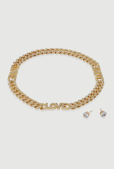 Womens Love Curb Chain Necklace and Stud Earrings, Gold