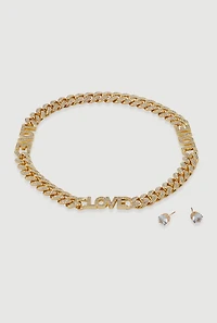 Womens Love Curb Chain Necklace and Stud Earrings, Gold