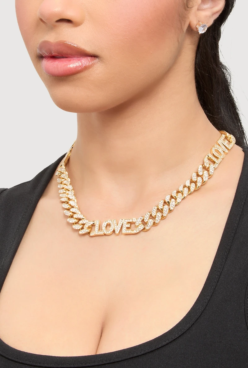 Womens Love Curb Chain Necklace and Stud Earrings, Gold