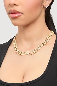 Womens Love Curb Chain Necklace and Stud Earrings, Gold
