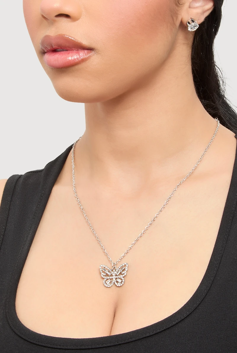 Womens Cubic Zirconia Butterfly Charm Necklace and Stud Earrings, Silver