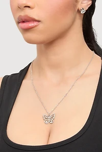 Womens Cubic Zirconia Butterfly Charm Necklace and Stud Earrings, Silver