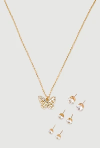 Cubic Zirconia Butterfly Charm Necklace and Stud Earrings