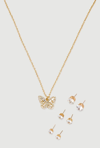 Cubic Zirconia Butterfly Charm Necklace and Stud Earrings