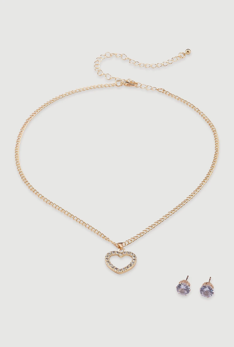 Womens Cut Out Heart Necklace and Stud Earrings, Gold