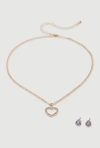 Womens Cut Out Heart Necklace and Stud Earrings, Gold