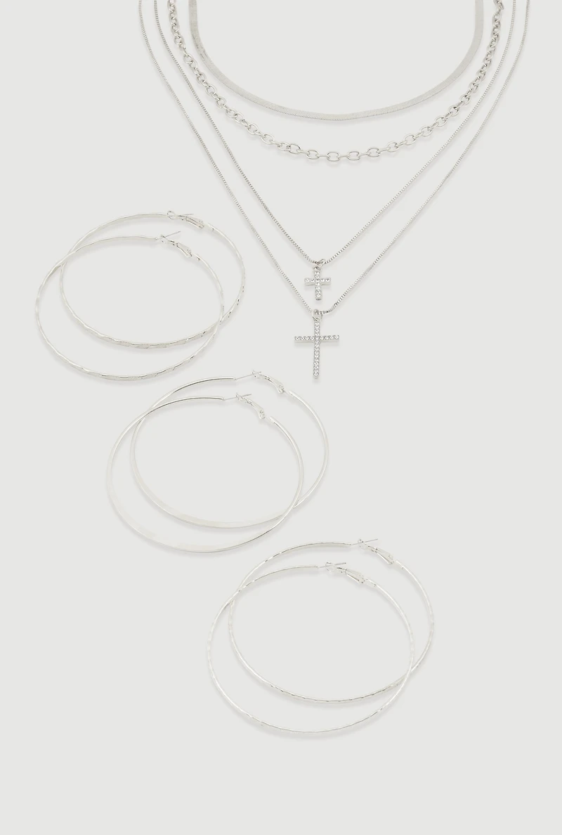 Womens Cross Layered Necklace with Hoop Earring Trio, Silver