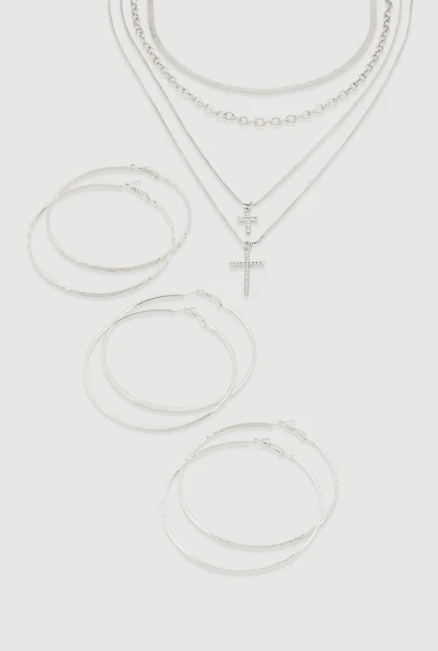 Womens Cross Layered Necklace with Hoop Earring Trio, Silver