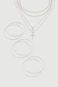 Womens Cross Layered Necklace with Hoop Earring Trio, Silver