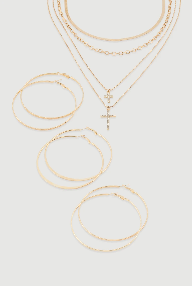 Womens Cross Layered Necklace with Hoop Earring Trio, Gold