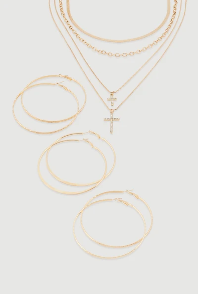 Womens Cross Layered Necklace with Hoop Earring Trio, Gold