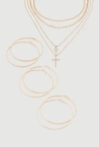Womens Cross Layered Necklace with Hoop Earring Trio, Gold