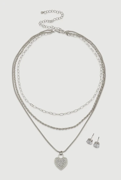 Womens Cubic Zirconia Heart Charm Layered Necklace and Stud Earrings, Silver