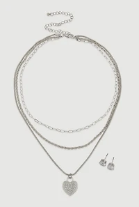 Cubic Zirconia Heart Charm Layered Necklace and Stud Earrings