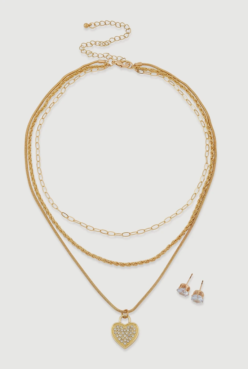 Womens Cubic Zirconia Heart Charm Layered Necklace and Stud Earrings, Gold