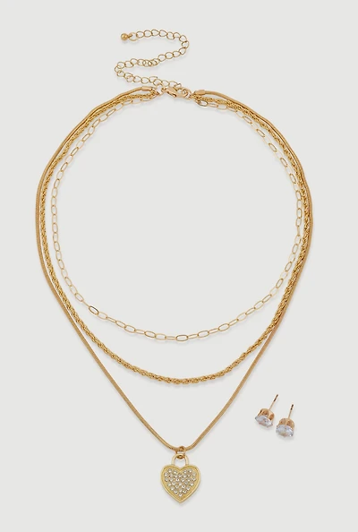Womens Cubic Zirconia Heart Charm Layered Necklace and Stud Earrings, Gold