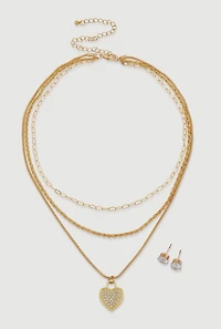 Cubic Zirconia Heart Charm Layered Necklace and Stud Earrings