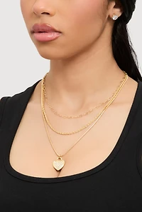 Womens Cubic Zirconia Heart Charm Layered Necklace and Stud Earrings, Gold