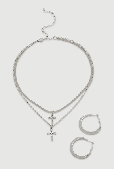 Womens Cross Layered Necklace and Hoop Earrings, Silver