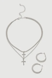 Womens Cross Layered Necklace and Hoop Earrings, Silver