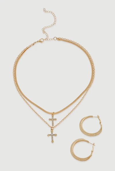 Womens Cross Layered Necklace and Hoop Earrings, Gold