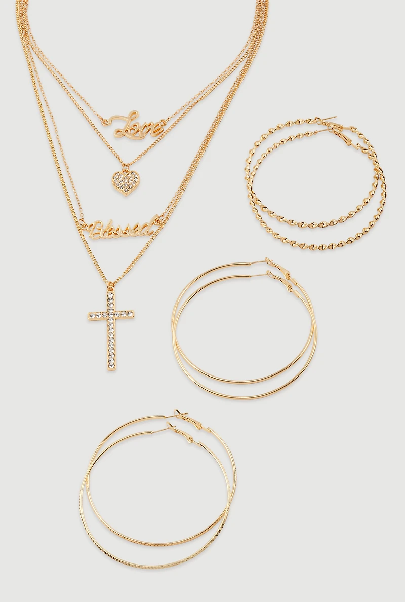 Cubic Zirconia Heart Charm Layered Necklace with Hoop Earring Trio