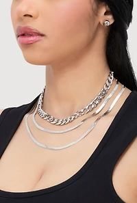 Womens Layered Chain Link Herringbone Necklace and Earrings, Silver